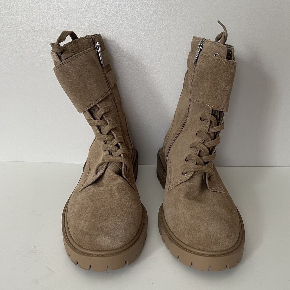 Vince Camuto Boots Womens 7.5M Tan Wild Mushroom Leather Fawdry Combat Zip Lug - Picture 4 of 9